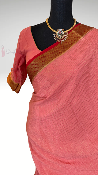 Salmon Pink  Pure crepe high Gsm Mysore Soft Silk Saree beautiful embroidered saree Indian Wedding & Bridal Silk Saree ready to ship for bride