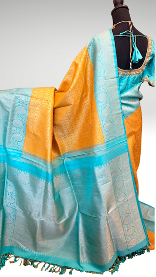 Brocade kanjivaram yellow gold zari with stitched blouse traditional kanchi pattusaree saree Indian wedding