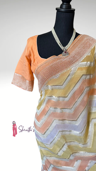 Georgette beneras silk saree pastel Orange pure silk easy drape silk saree Indian wedding saree with readymade blouse back open blouse