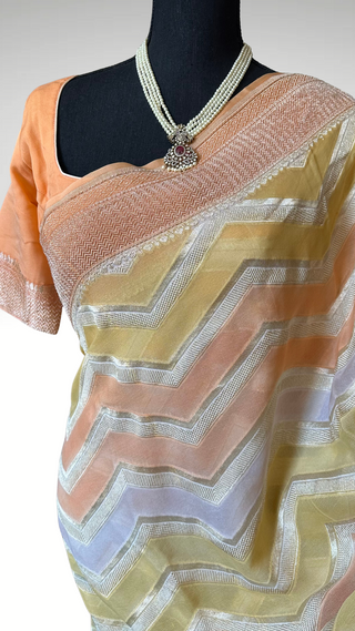 Georgette beneras silk saree pastel Orange pure silk easy drape silk saree Indian wedding saree with readymade blouse back open blouse