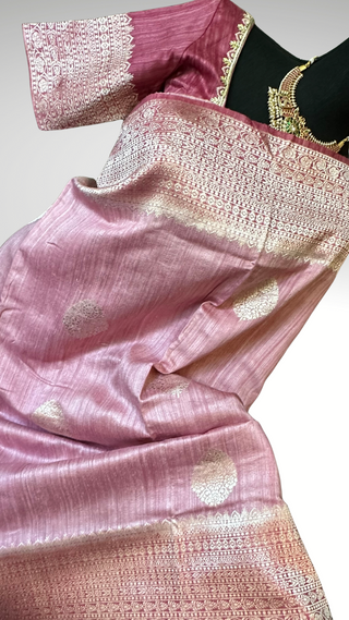 Pink Tussar Beneras Katan saree with prestitched blouse