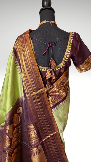 Vintage weaves pure Handloom silk Green to Brown butta Gadwal silk saree with stitched blouse embroidered blouse