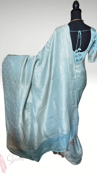 Pastel blue Pure crepe high Gsm Brocade silver zari Mysore Soft Silk Saree beautiful embroidered saree Indian Wedding & Bridal Silk Saree ready to ship for bride
