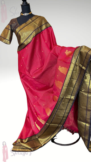Bridal Vairaoosi butta  kanjivaram Pinkish Red to coffee brown silk saree with stitched Indian wedding muhurtam silk bridal blouse online shopping usa Diwali