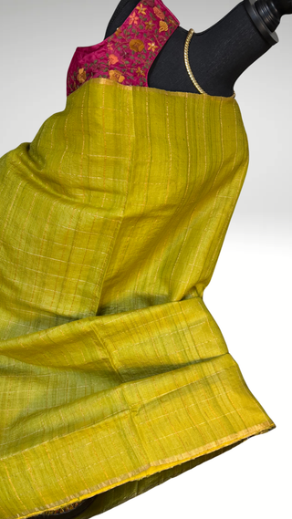 Mehandi Green saree Handloom silk Tussar with embroidery sleeveless silk blouses zari borders and fine checks Partywear bridesmaids