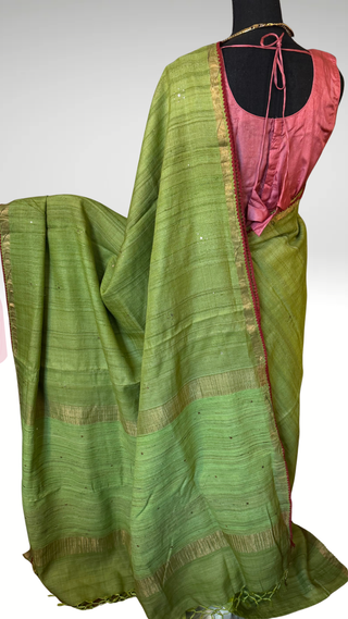 Asparagus Green sleeveless blouse saree Handloom silk Tussar with embroidery sleeveless silk blouses zari borders and fine checks Partywear bridesmaids