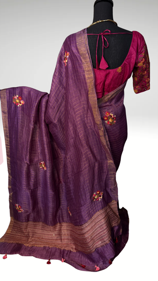 Violet Linen saree Handloom Linen with embroidery silk blouses zari borders and fine checks Partywear bridesmaids