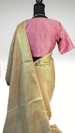 Gold Linen saree zari  mauve kanchi pattu blouse with stitched  blouse online usa sale latest linen lightweight partywear zari borders