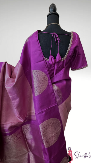 Deep Magenta  Tissue checks  Traditional Pure Silk Kanjivaram Pattu – Old World Charm with Stitched Embroidered Blouse | Ready to Wear Pure Silk Saree for Women – Indian Bridal Online USA