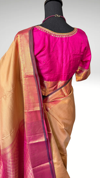 Handloom Pure kanchi Light Almond color  fine vairaoosi pure zari kanjivaram silk saree blouse and pallu indian wedding silk saree online usa
