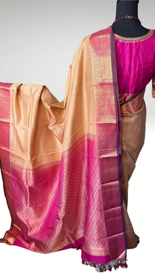 Handloom Pure kanchi Light Almond color  fine vairaoosi pure zari kanjivaram silk saree blouse and pallu indian wedding silk saree online usa