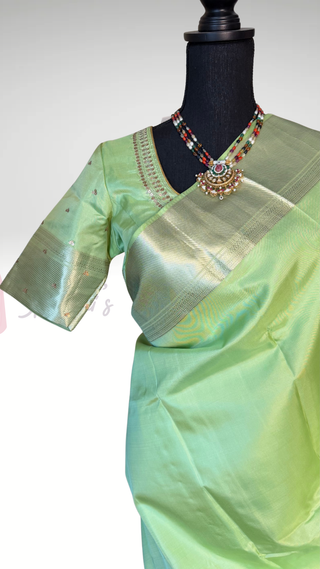 Handloom kanjivaram pastel pista green silver  zari with stitched blouse traditional kanchi pattusaree saree Indian wedding