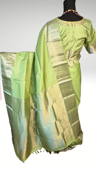 Handloom kanjivaram pastel pista green silver  zari with stitched blouse traditional kanchi pattusaree saree Indian wedding
