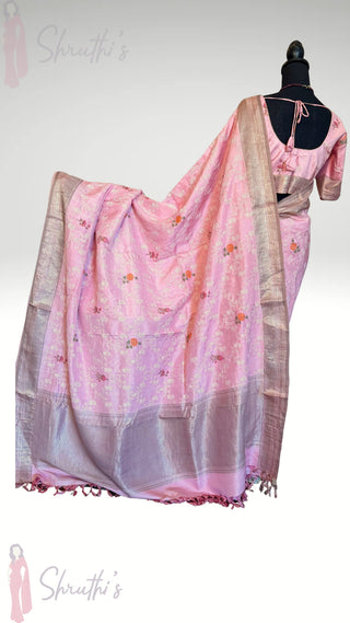 Fusion Handloom kanjivaram pure zari antique zari hand embroidered saree with block printed floral saree with stitched blouse