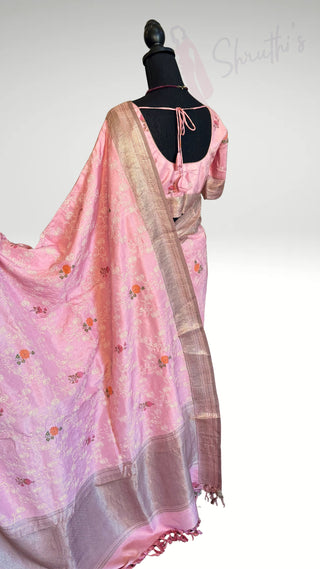 Fusion Handloom kanjivaram pure zari antique zari hand embroidered saree with block printed floral saree with stitched blouse