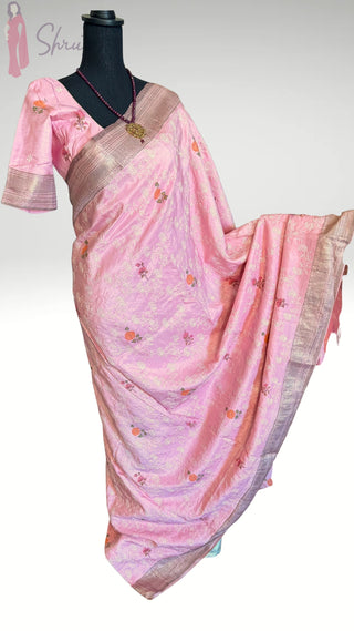Fusion Handloom kanjivaram pure zari antique zari hand embroidered saree with block printed floral saree with stitched blouse
