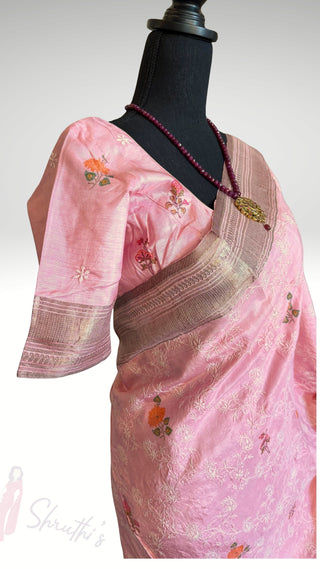 Fusion Handloom kanjivaram pure zari antique zari hand embroidered saree with block printed floral saree with stitched blouse