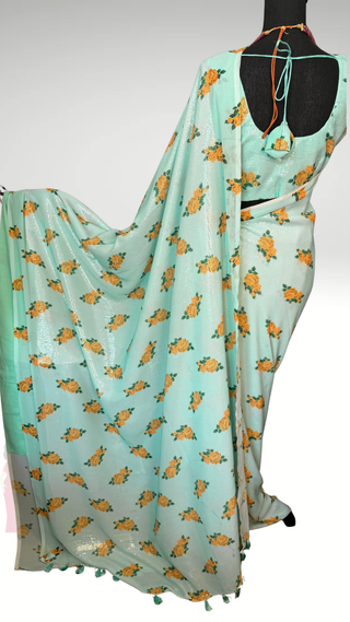 One of the finest sequin Pastel green saree usa pure georgette sequin saree Partywear saree cocktail Sarees sleeveless blouse
