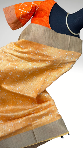 Linen Pure Handloom bandhej Linen saree with stitched  blouse online usa sale latest linen lightweight partywear zari borders