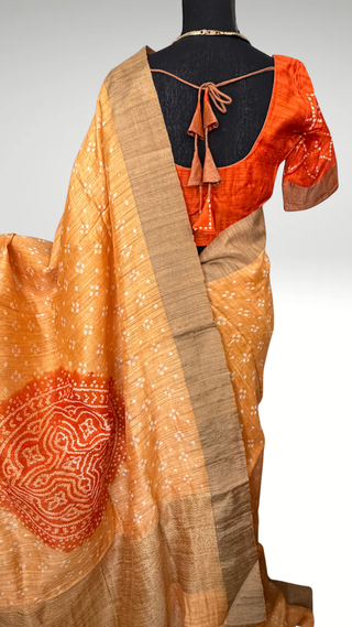 Linen Pure Handloom bandhej Linen saree with stitched  blouse online usa sale latest linen lightweight partywear zari borders