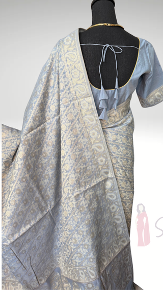 Beneras kora jamdhani weave silk cotton pure  pastel saree with prestitched blouse