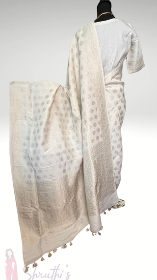 White Pure beneras linen silver zari pastel saree linen saree online usa summer wedding bridesmaid Partywear elegant indian wedding Handloom saree onam saree Christian wedding saree