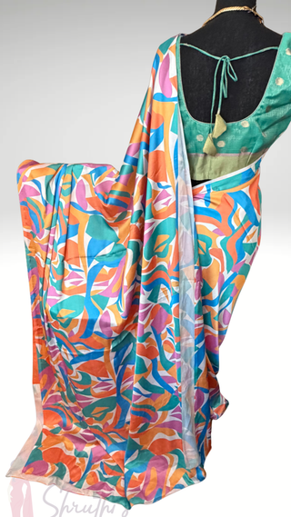 Geometrical patterns sleeveless pastel Satin saree with zari Kota sleeveless stitched  blouse