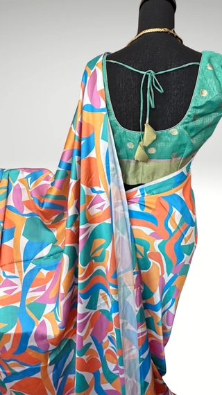 Geometrical patterns sleeveless pastel Satin saree with zari Kota sleeveless stitched  blouse