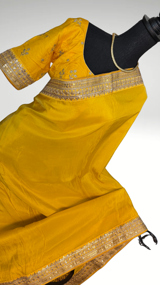 Pure Tissue Silk yellow embroidered blouse Gotapatti borders Silk Saree pure silk saree silk finish with stitched blouse Partywear pooja wear ready to ship Saree USA