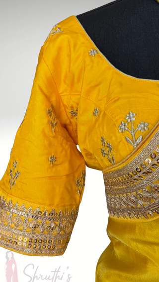 Pure Tissue Silk yellow embroidered blouse Gotapatti borders Silk Saree pure silk saree silk finish with stitched blouse Partywear pooja wear ready to ship Saree USA