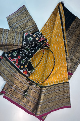 Mustard Black Pure Ikat Silk Saree Pure Silver Zari  HandloomWeave with Zari Border Ready to Wear Stitched blouses available Online USA Partywear