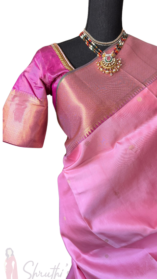 Pure Handwoven Pastel Pink pure handwoven kanchi pattu saree with hand embroidered  blouse
