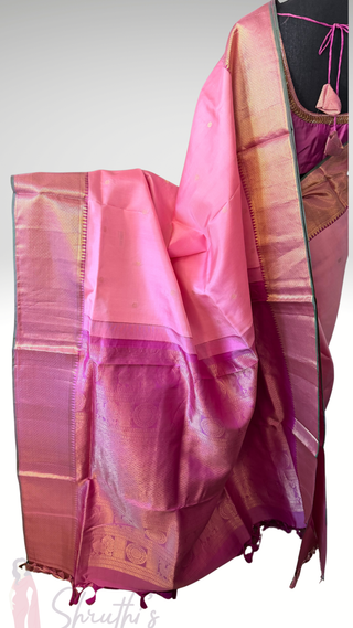 Pure Handwoven Pastel Pink pure handwoven kanchi pattu saree with hand embroidered  blouse