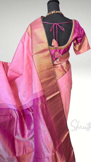 Pure Handwoven Pastel Pink pure handwoven kanchi pattu saree with hand embroidered  blouse