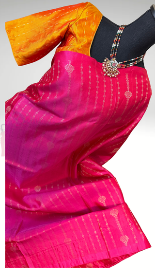 Pure soft silk Pink yellow gold silk saree online usa Pastel soft silk saree usa with pure zari blouse
