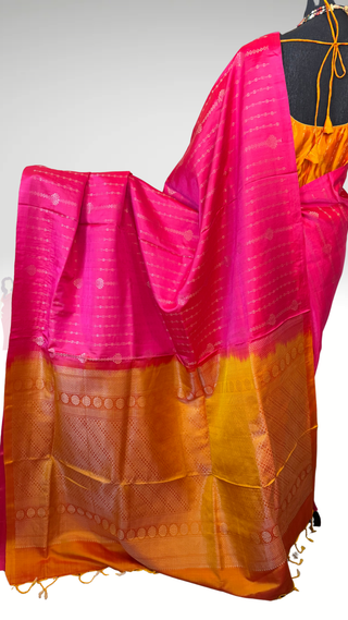 Pure soft silk Pink yellow gold silk saree online usa Pastel soft silk saree usa with pure zari blouse