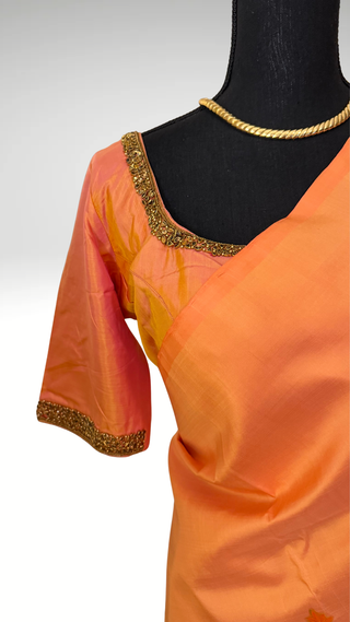 Tanjore Hand painted saree peach Kanchi pattu yellow saree with gold pallu easy drape pure silk saree usa