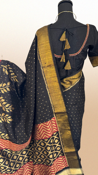 Patola Silk Saree Black pure silk saree raw silk finish with stitched blouse Partywear pooja wear ready to ship Saree USA
