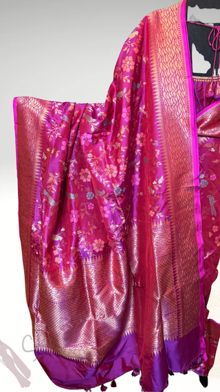 Magenta  Pure katan Benerasi silk saree with stitched  embroidered blouse online shopping usa