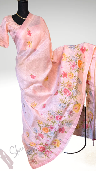 Pastel pink Floral Print Linen saree with printed blouse online usa