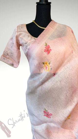 Pastel pink Floral Print Linen saree with printed blouse online usa