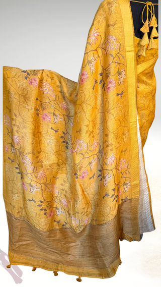 Mustard Floral Print Linen saree with printed blouse online usa