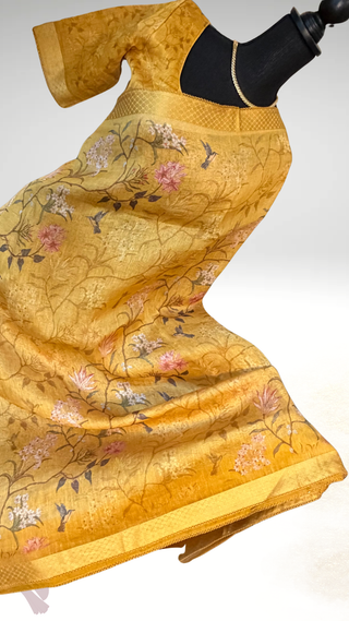 Mustard Floral Print Linen saree with printed blouse online usa