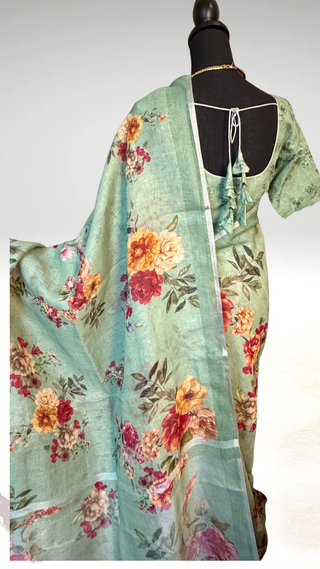 Pastel green Floral Print Linen saree with printed blouse online usa