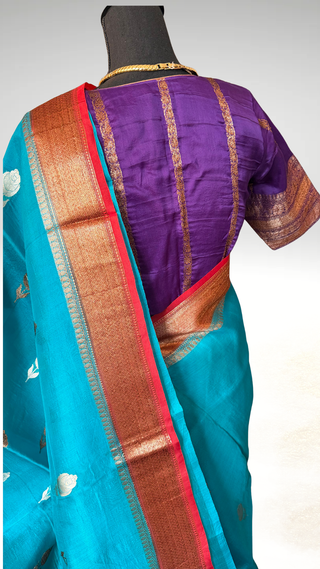 Pure Handloom teal beneras organza saree stitched blouse saree readymade online