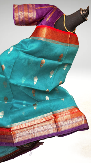 Pure Handloom teal beneras organza saree stitched blouse saree readymade online