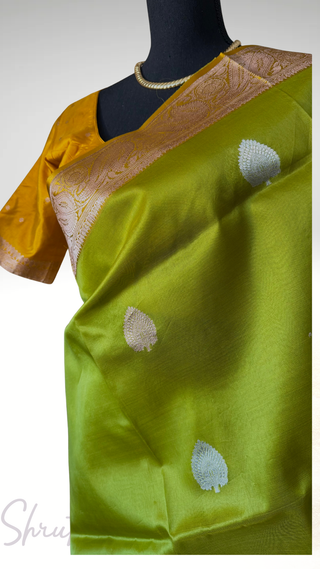 Pure organza beneras silk saree parrot green gold borders with stitched blouse