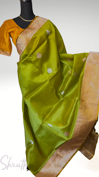 Pure organza beneras silk saree parrot green gold borders with stitched blouse