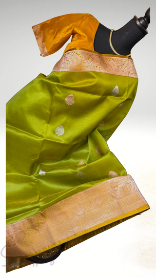 Pure organza beneras silk saree parrot green gold borders with stitched blouse