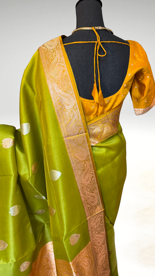 Pure organza beneras silk saree parrot green gold borders with stitched blouse